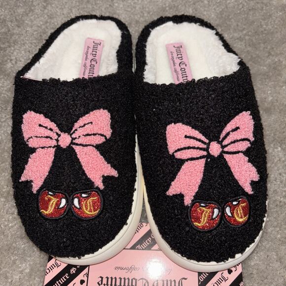 Juicy Couture Black Sherpa Pink Bow Coquette Slippers Large 8/9 Fluffy Slip On - Picture 1 of 5
